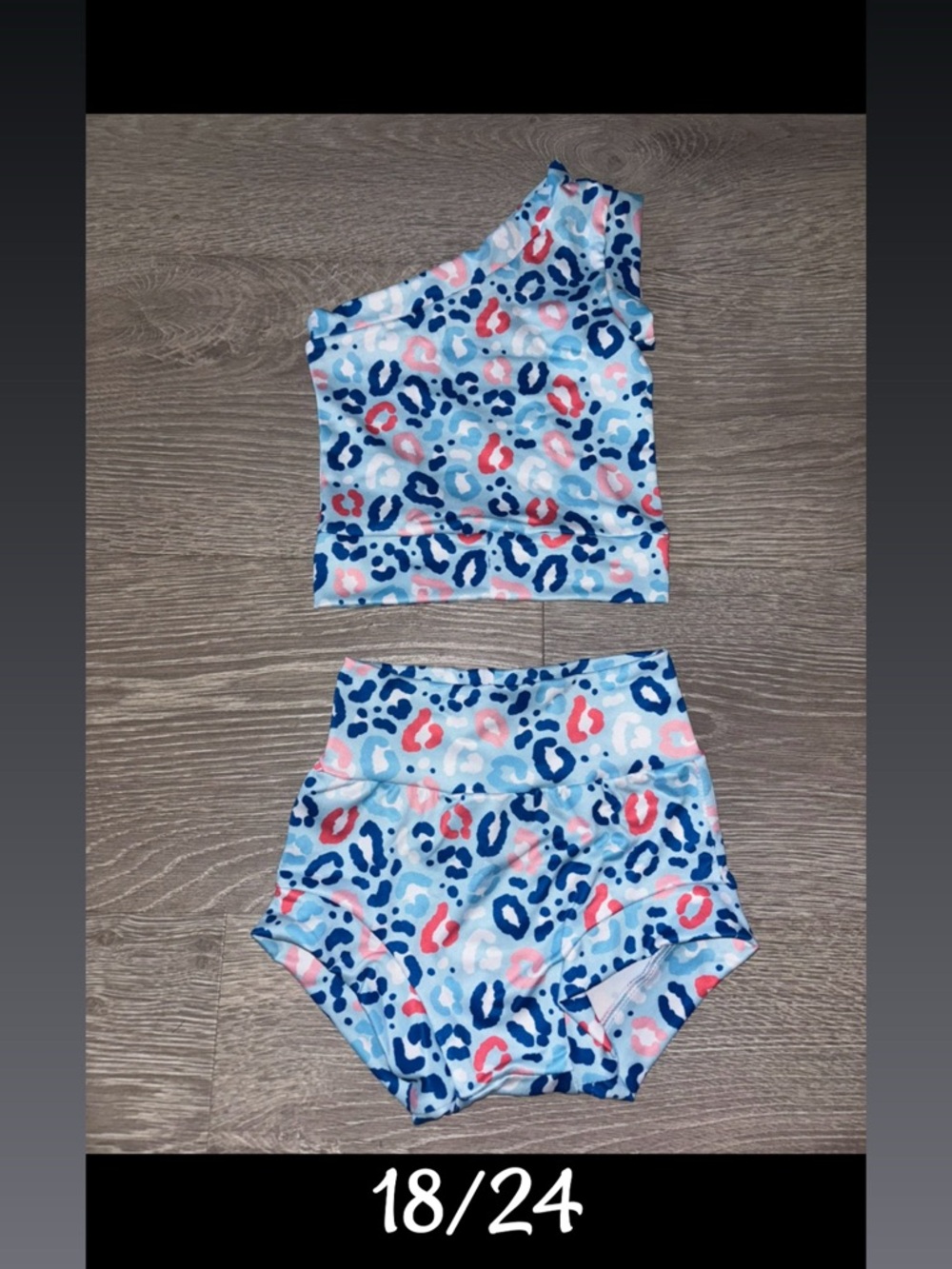 One-Shoulder Kids Bikini Set in Light Blue Leopard Print